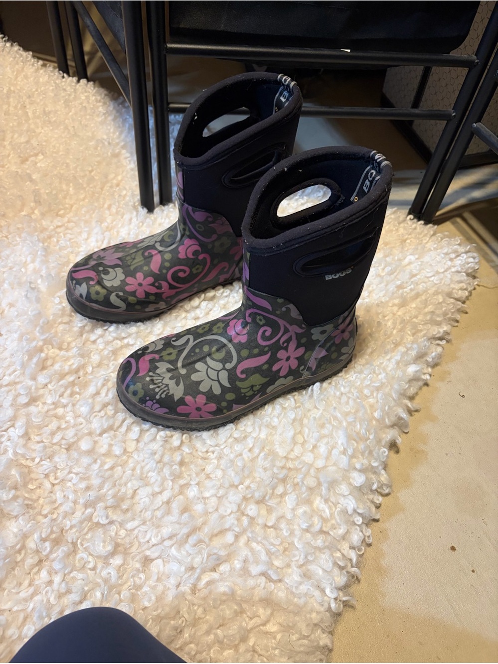 Bogs Women’s Black Floral Rain Boots with Pink & Green Accents